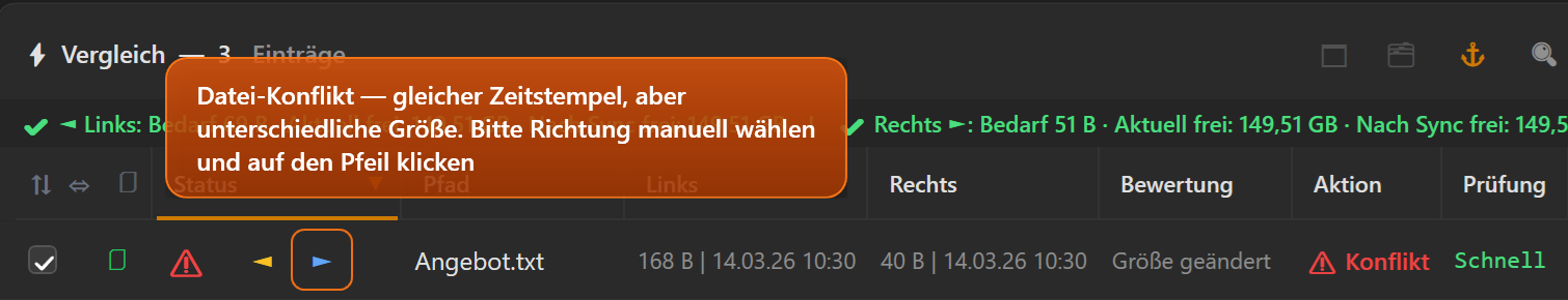 Screenshot 21: Datei-Konflikt: gleicher Name, identische Änderungszeit, aber unterschiedliche Größe — Zeile mit ⚠ Konflikt und den beiden Richtungspfeilen ▶ / ◀