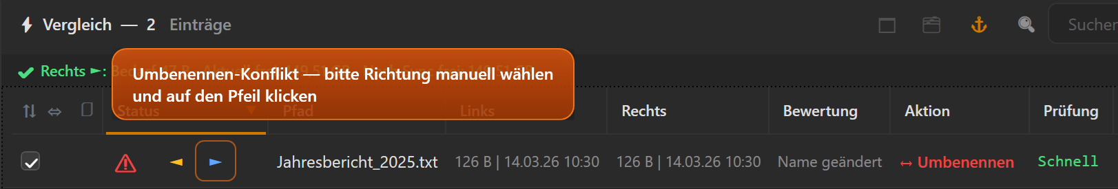 Screenshot 22: Umbenennen-Konflikt: dieselbe Datei links und rechts unterschiedlich benannt — Zeile mit ↔ Umbenennen und dem Konflikt-Resolver