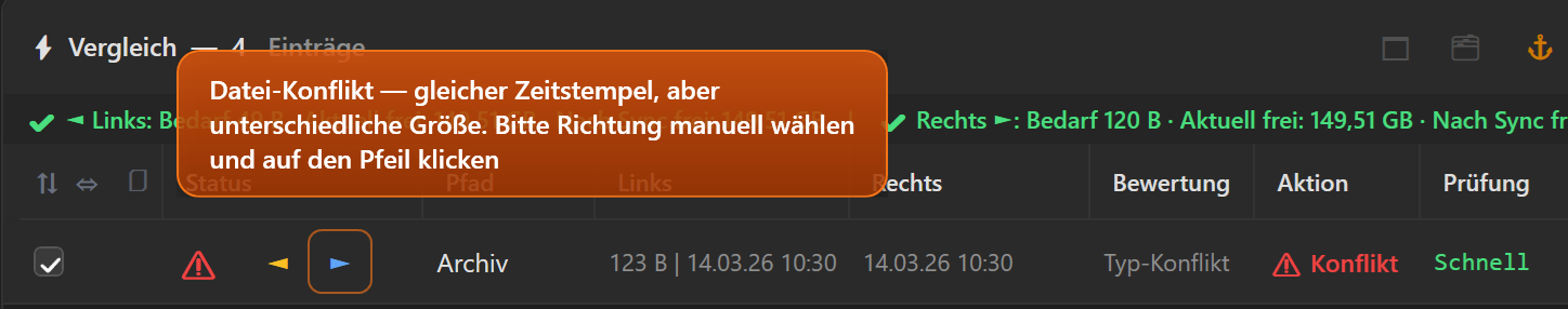 Screenshot 23: Typ-Konflikt: gleicher Name, auf einer Seite eine Datei, auf der anderen ein Ordner