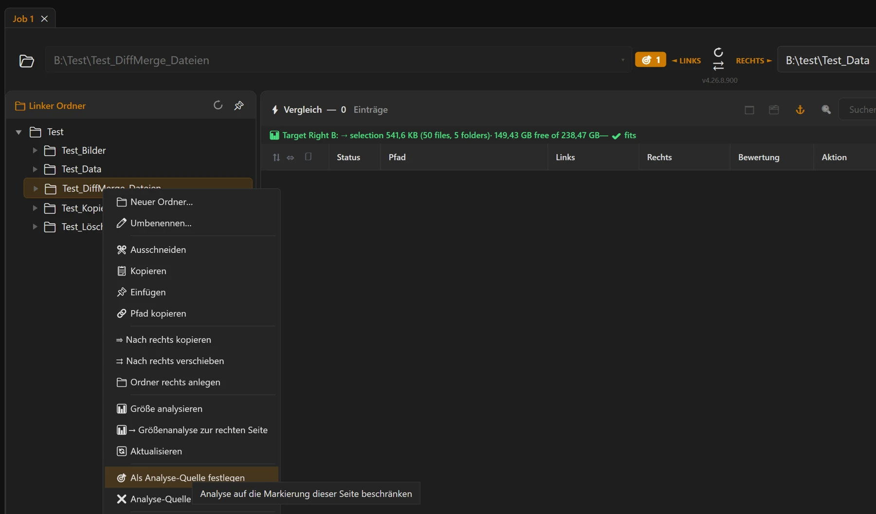Screenshot 32: Pfadzeile mit Analyse-Quellen-Abzeichen „🎯 N“, abgeblendeter Pfadanzeige und geöffnetem Tooltip (Liste der aufgenommenen Einträge)