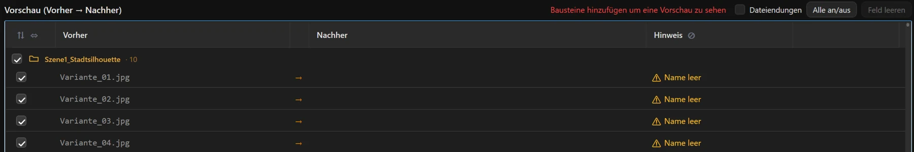 Screenshot 36: Vorschau-Tabelle (Vorher / Nachher / Hinweis) mit einem markierten Konflikt