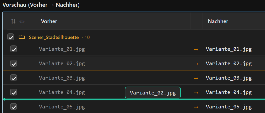 Screenshot 37: Zeile wird in der Vorschau verschoben: Karte am Mauszeiger mit Dateiname und Anzahl, grüne Linie an der Einfügestelle