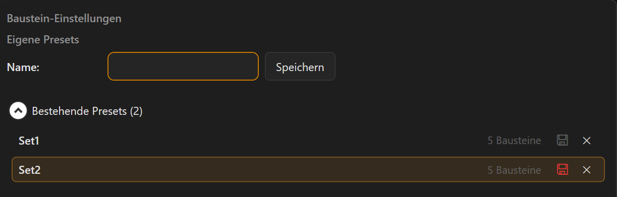 Screenshot 38: Preset-Bereich mit Namensfeld, Speichern-Schaltfläche und der Liste bestehender Presets