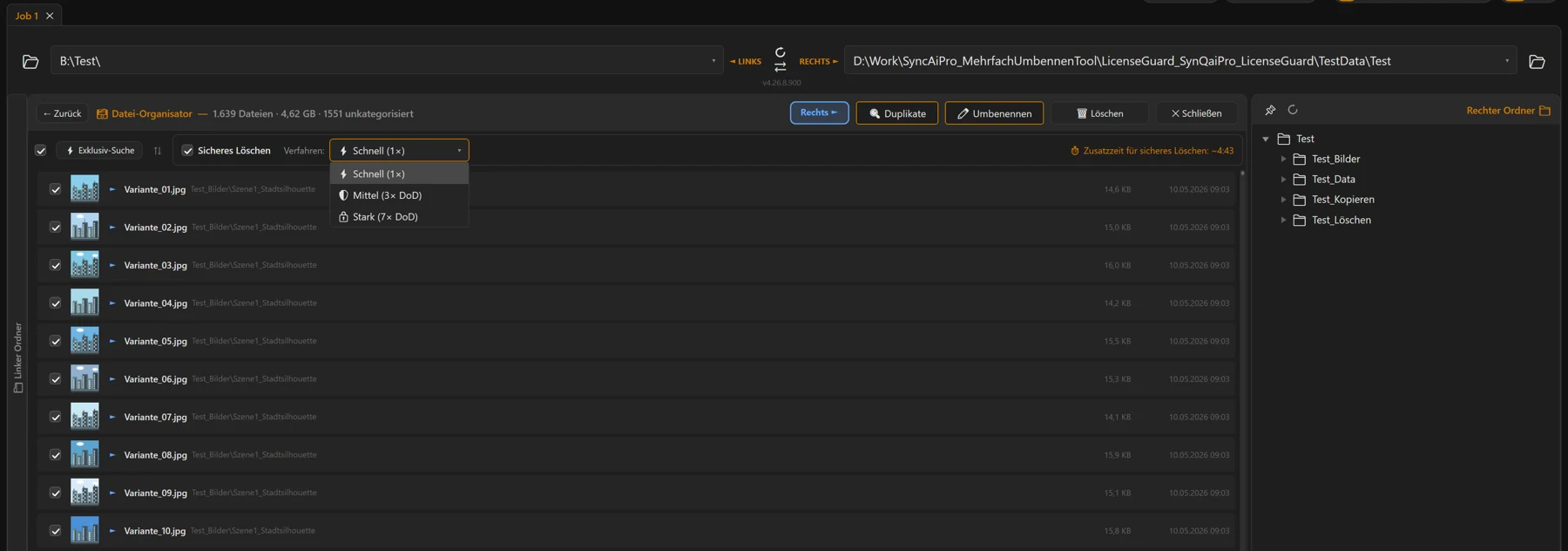 Screenshot 42: Detailansicht einer Kategorie: Dateiliste mit Vorschau, Select-all-Checkbox, Sicheres-Löschen-Leiste und den Knöpfen „🔍 Duplikate / ✏ Umbenennen / 🗑 Löschen“
