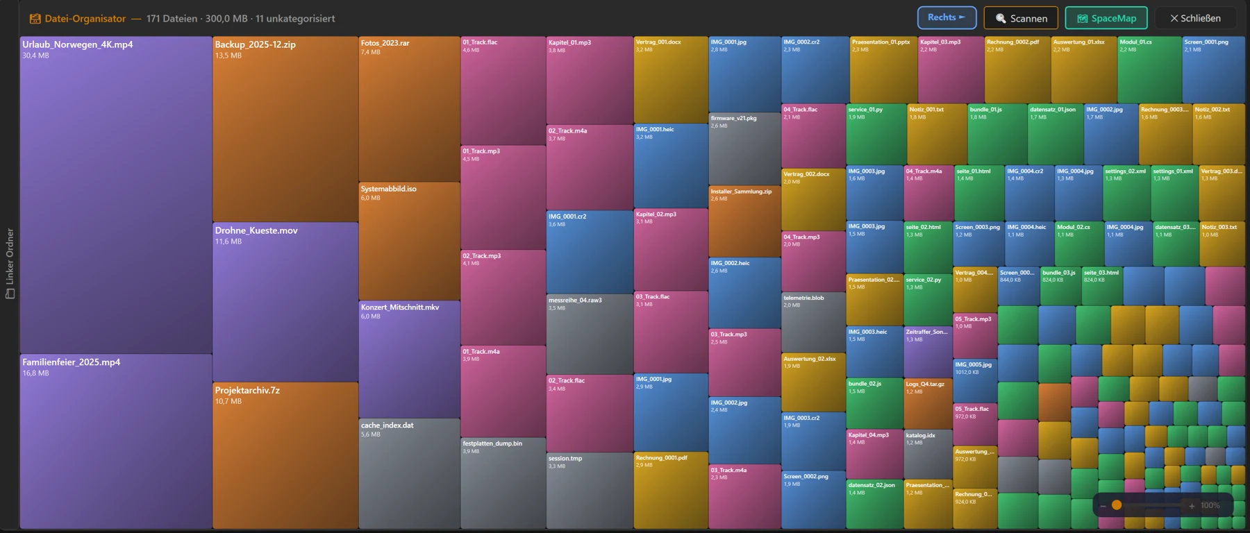 Screenshot 43: SpaceMap/Treemap der Größenverteilung — große Dateien als große Kacheln