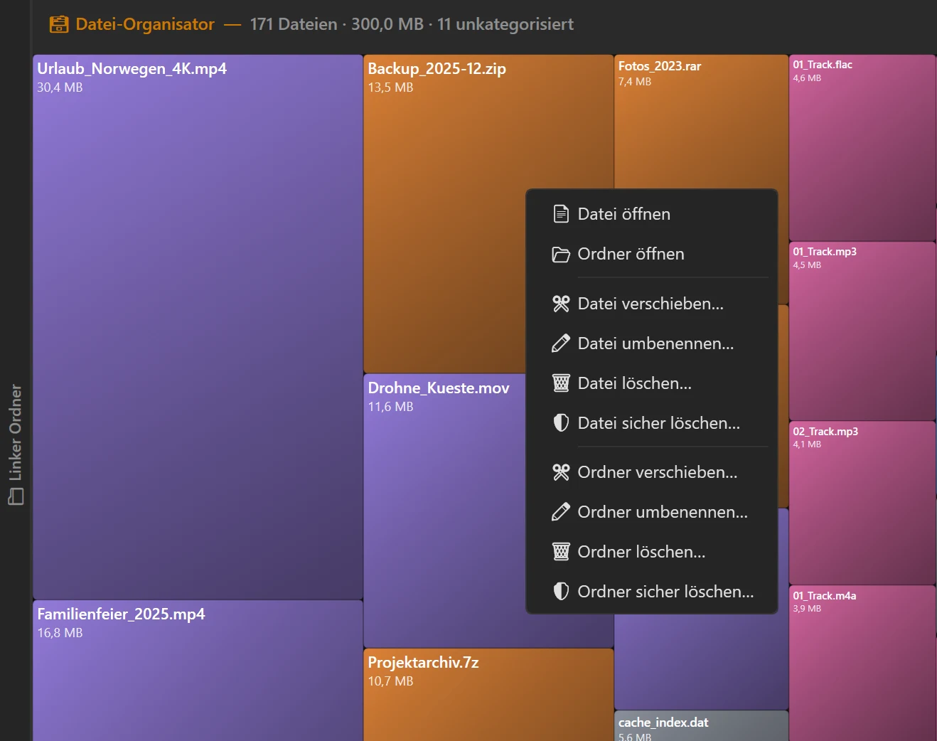 Screenshot 44: Kontextmenü einer SpaceMap-Fläche mit den Einträgen für Datei und enthaltenden Ordner (öffnen, verschieben, umbenennen, löschen, sicher löschen)