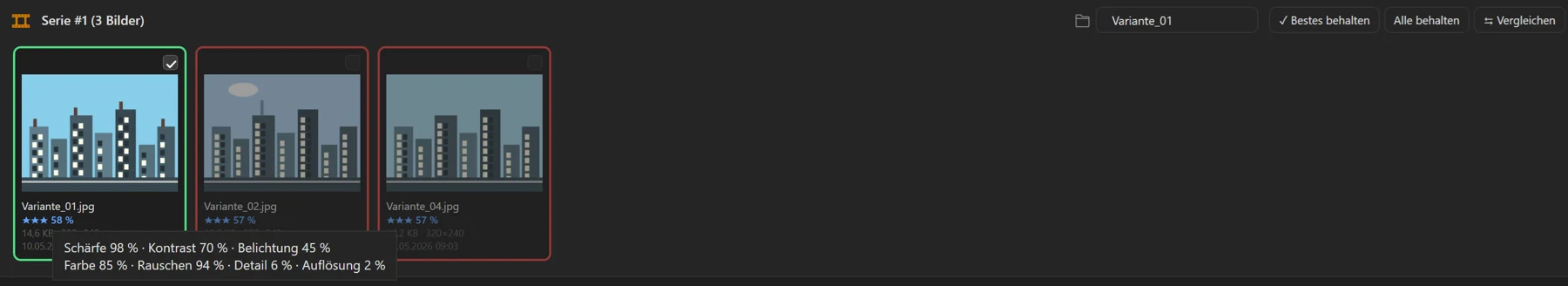 Screenshot 46: „Ähnlich“-Gruppe mit grün umrandetem Bestbild und rot markierten Dubletten, Sterne-Bewertung und den Knöpfen „✓ Bestes behalten“ / „Alle behalten“
