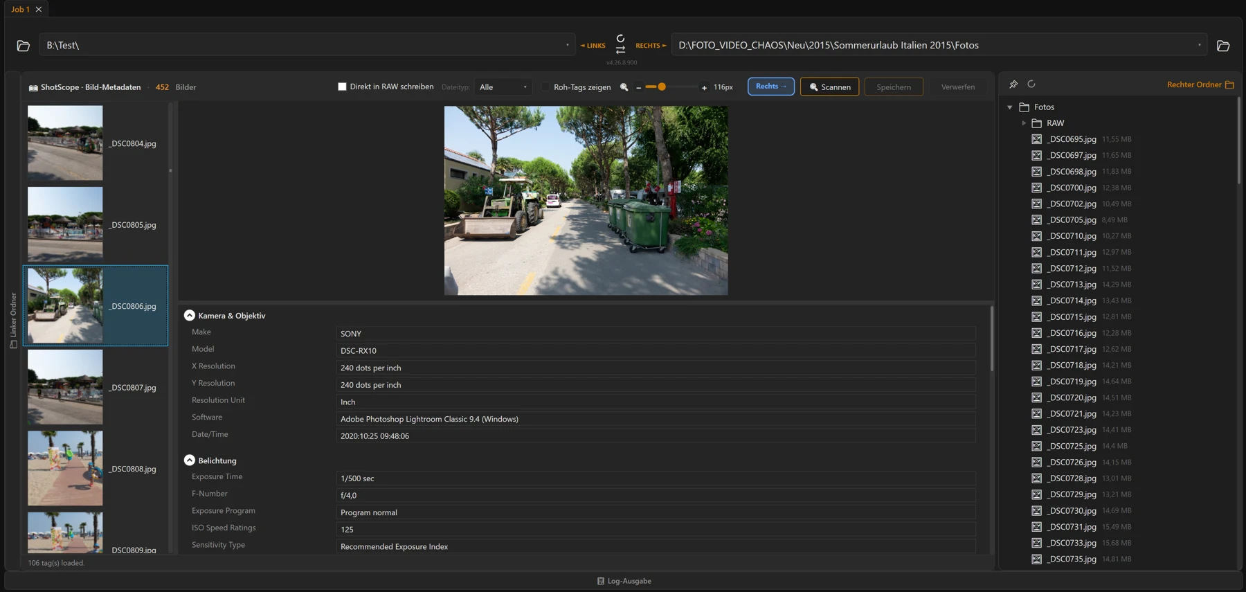 Screenshot 56: ShotScope-Gesamtansicht: links Miniaturliste, rechts Vorschaubild und die nach Gruppen („Kamera & Objektiv“, „Belichtung“, „Datum & Uhrzeit“ …) sortierten Metadaten