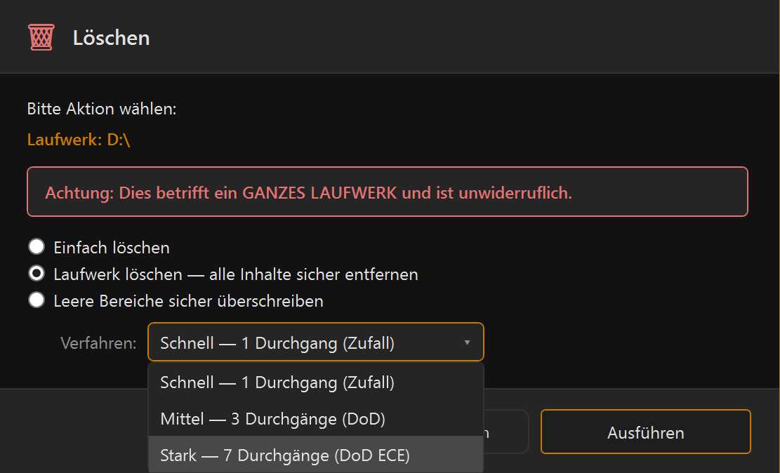 Screenshot 58: Löschen-Dialog auf einem Laufwerks-Stamm: rote Warnbox und die Optionen „Laufwerk löschen“ sowie „Leere Bereiche sicher überschreiben“
