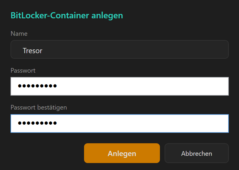 Screenshot 60: Passwort-Dialog beim Anlegen: Felder Name, Passwort und Passwort bestätigen sowie die Optionen „… merken“ und „Mit Windows Hello schützen“