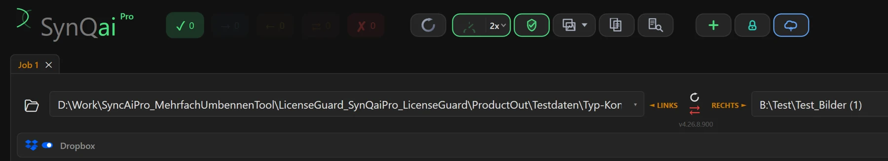 Screenshot 63: Linke Ordner-Kopfzeile mit aktiviertem Dropbox-Umschalter (blaues Cloud-Symbol) und dem Tooltip „Dropbox für diesen Job aktivieren“
