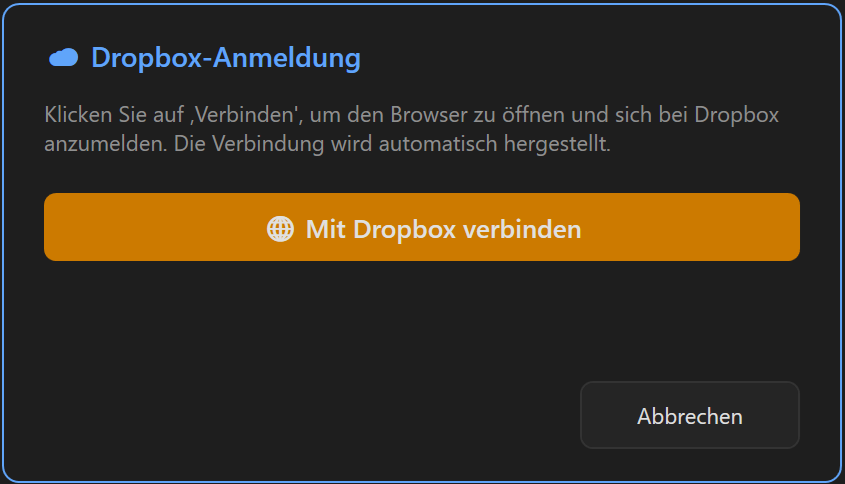 Screenshot 64: Dialog „☁ Dropbox-Anmeldung“ mit dem Knopf „🌐 Mit Dropbox verbinden“