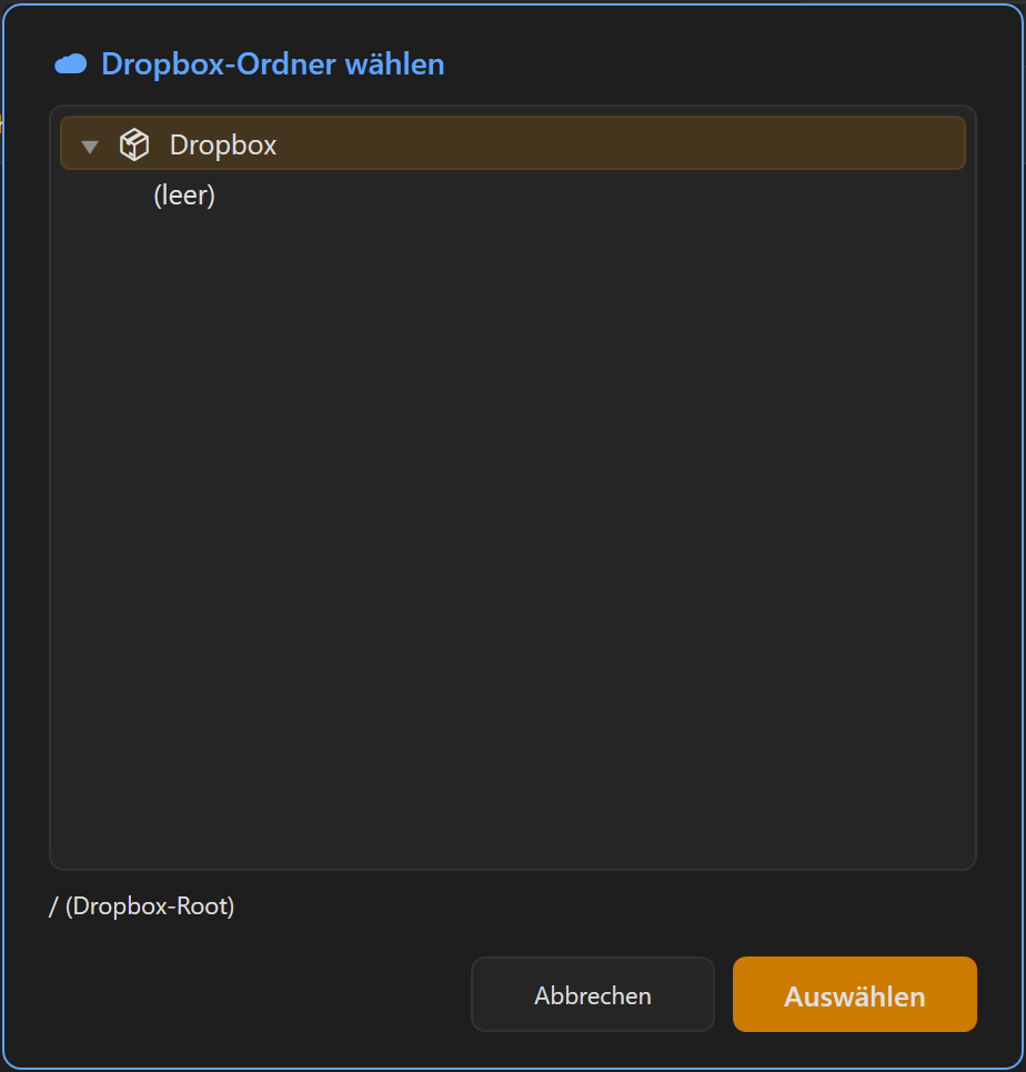 Screenshot 65: Dialog „☁ Dropbox-Ordner wählen“ mit Ordnerbaum „📦 Dropbox“ und aktivem Knopf „Auswählen“