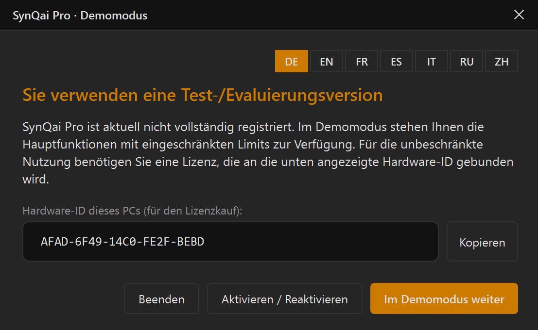 Screenshot 67: Demomodus-Dialog mit Hardware-ID-Feld, Sprachumschalter und den Schaltflächen „Im Demomodus weiter“, „Aktivieren / Reaktivieren“ und „Beenden“