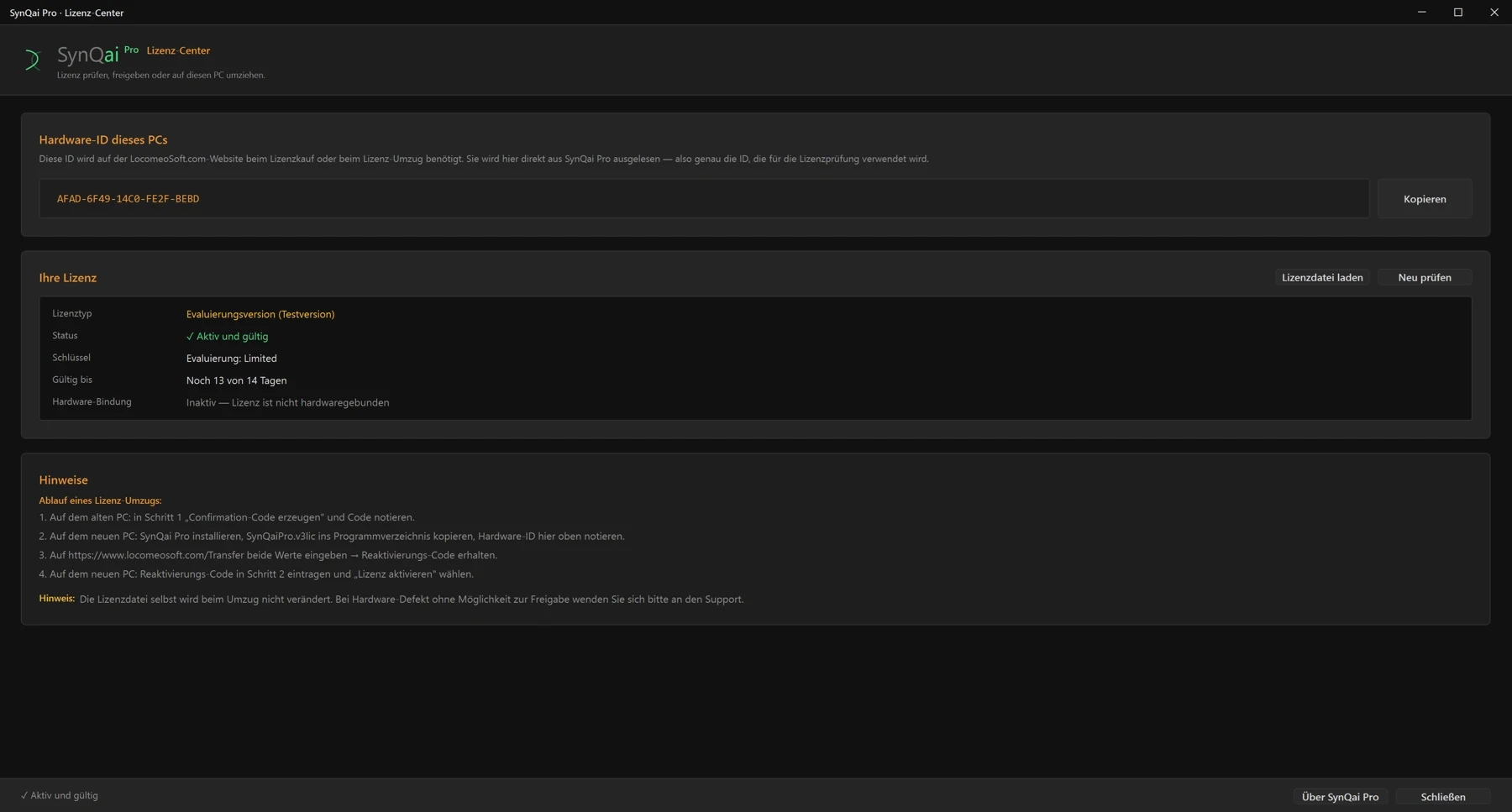 Screenshot 68: Lizenz-Center, Karte „Ihre Lizenz“ mit Status „✓ Aktiv und gültig“, Gültigkeit und Hardware-Bindung