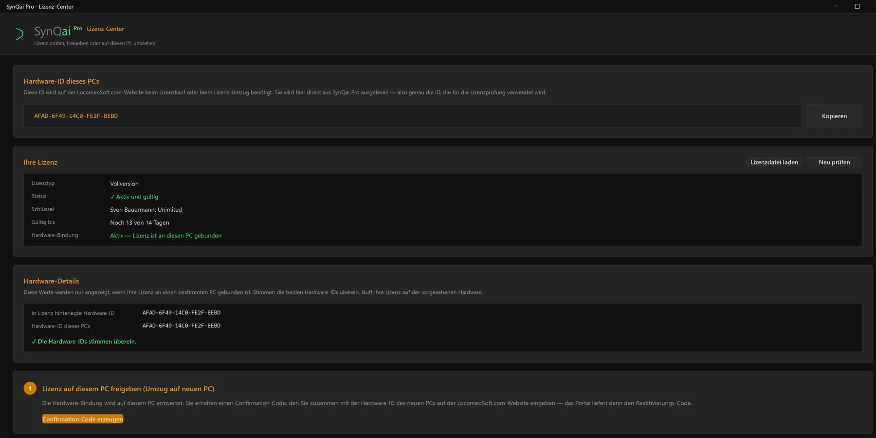 Screenshot 69: Lizenz-Center, PC-Umzug „Schritt 1 / Schritt 2“ mit „Confirmation-Code erzeugen“ und dem Reaktivierungs-Feld samt „Lizenz aktivieren“