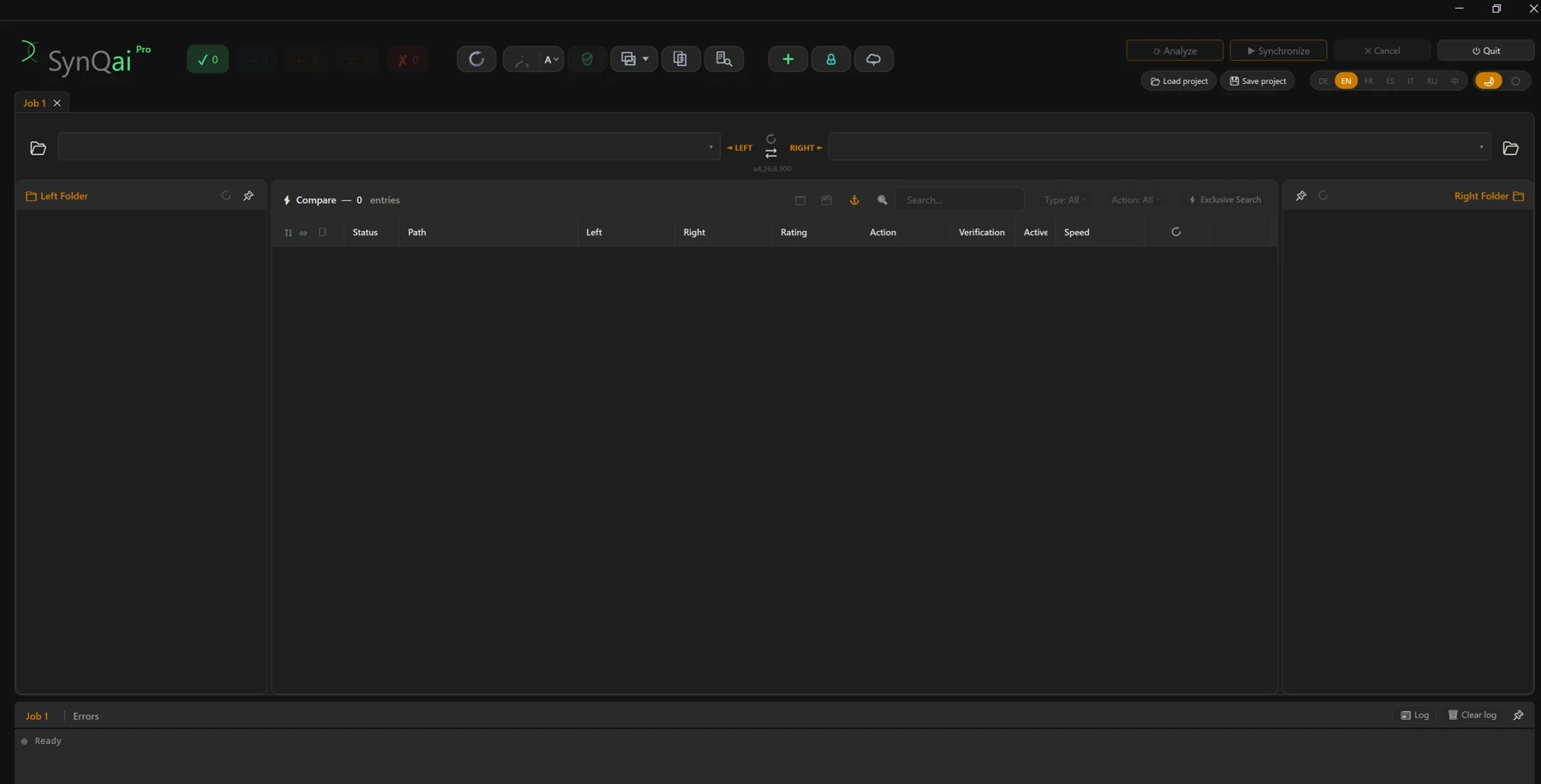 Screenshot 05: Overview of the main window with the areas labelled (left folder, comparison list, right folder, log, action bar)