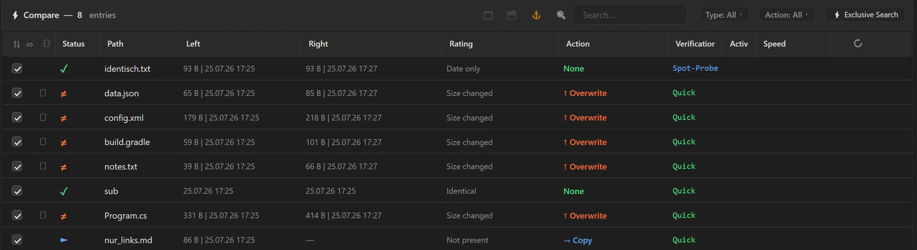 Screenshot 13: Comparison list right after the analysis (populated, various statuses/actions visible)