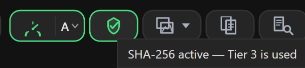 Screenshot 14: Upper toolbar with the 🔍 SHA-256 switch — green outline on the left (active), dimmed on the right (disabled)