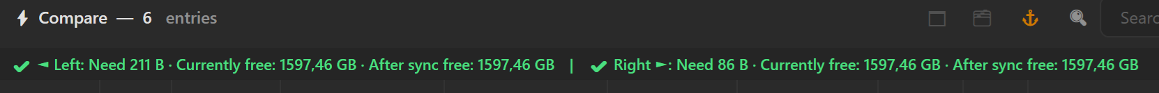 Screenshot 15: Disk space line with Need / Currently free / Free after sync per side, green on the left (✔ fits), red on the right (⚠ NOT SUFFICIENT)