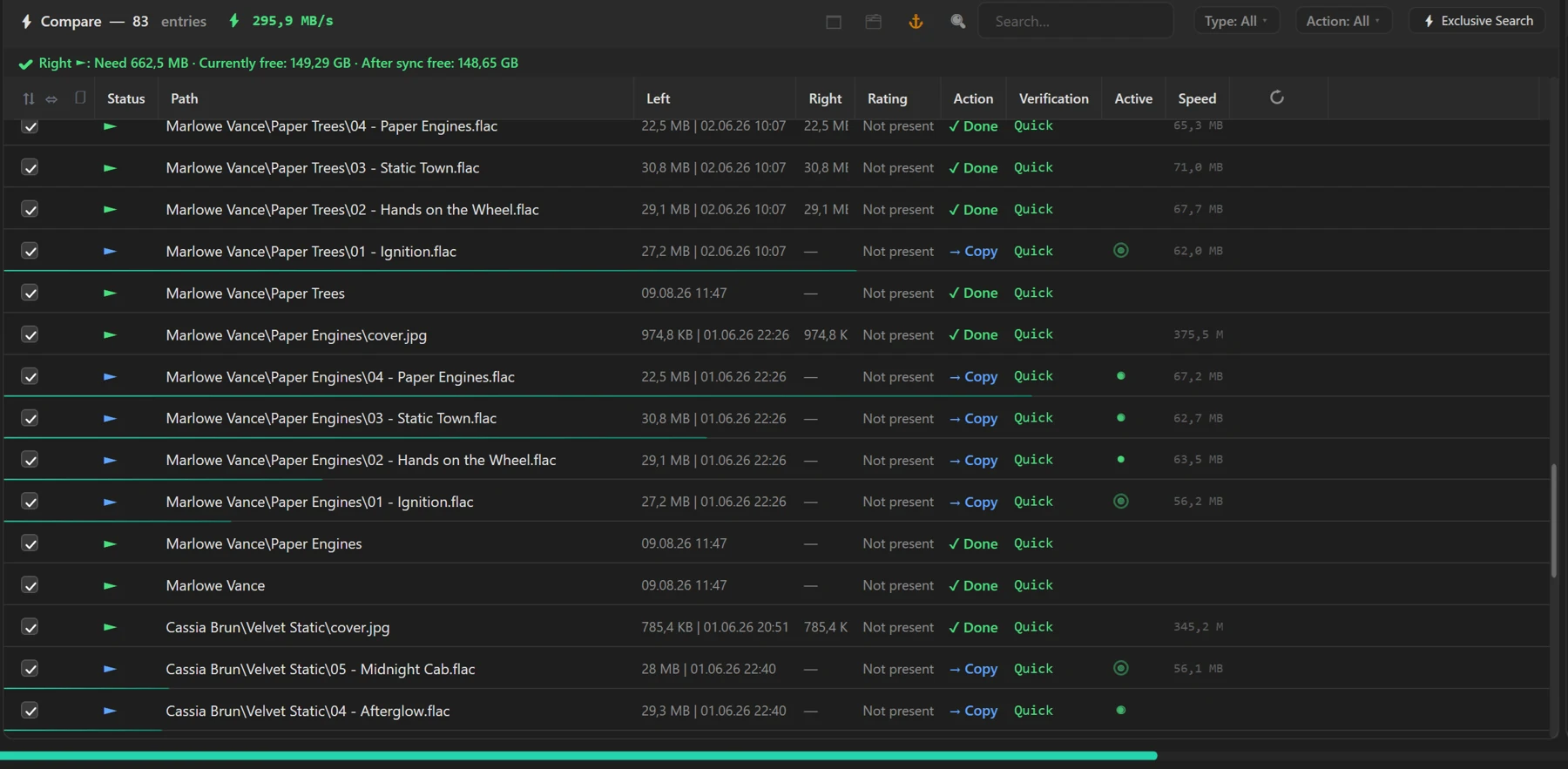 Screenshot 16: Synchronisation in progress with overall progress, remaining time (elapsed/remaining) and live speed per file