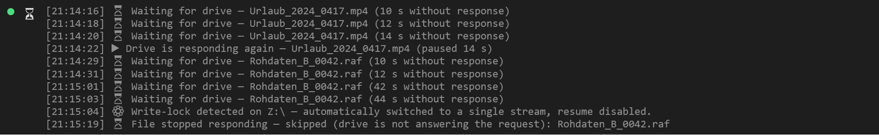Log: waiting for drive with a running seconds counter