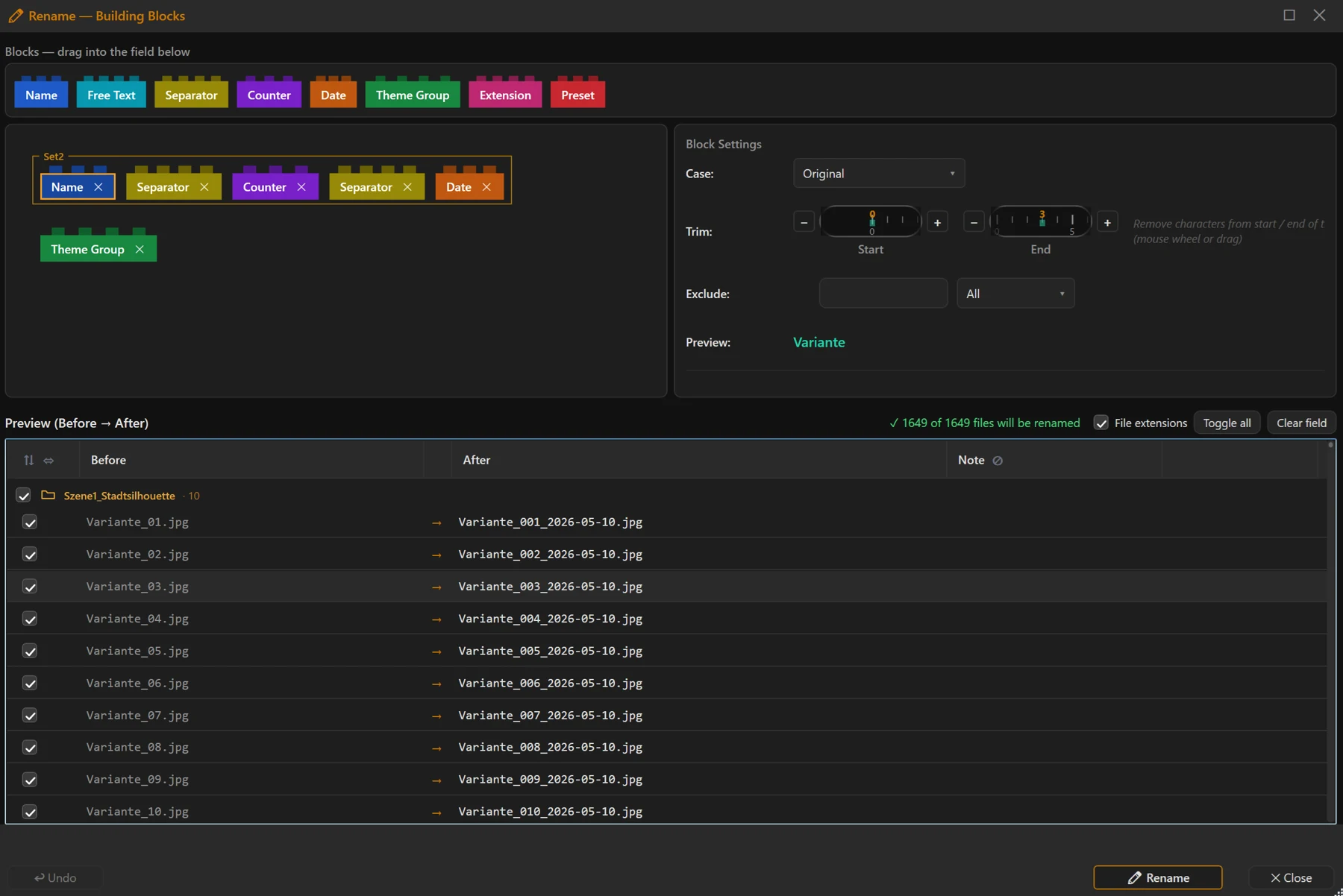 Screenshot 33: The renaming kit — overall view with its four areas: block palette, assembly field, block settings and preview