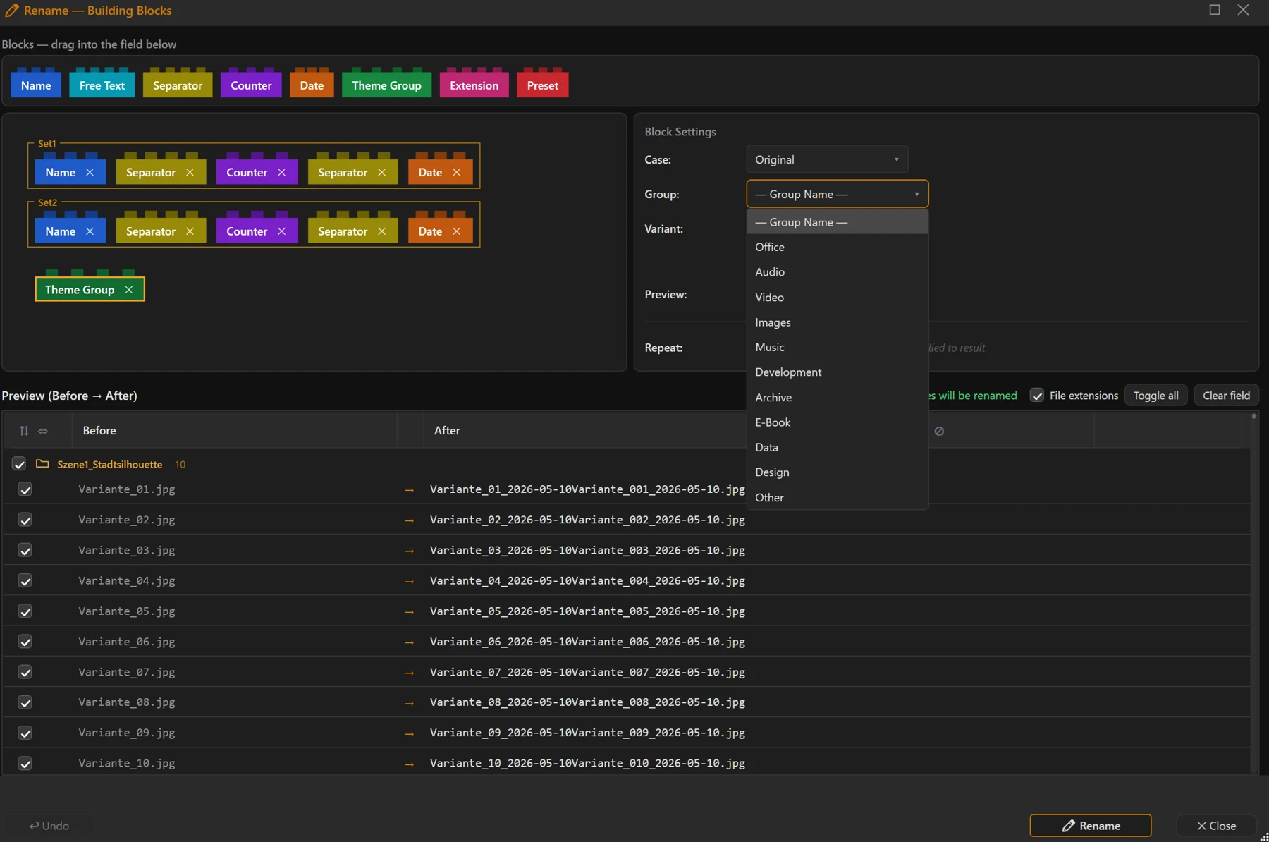 Screenshot 34: Block palette and assembly field with an assembled chain of blocks