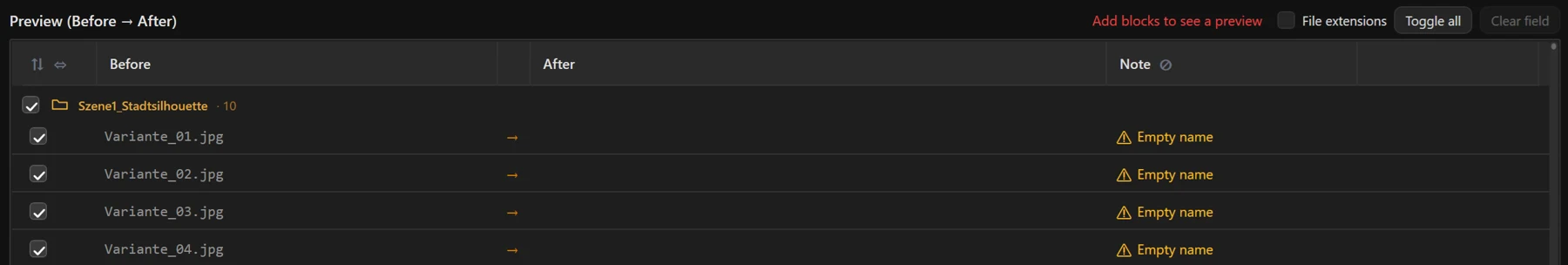 Screenshot 36: Preview table (Before / After / Note) with a marked conflict