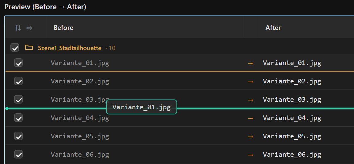 Screenshot 37: A row being moved in the preview: card at the mouse pointer with file name and count, green line at the insertion point