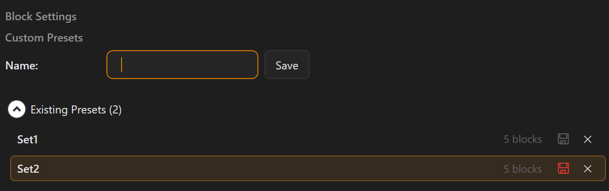 Screenshot 38: Preset area with name field, save button and the list of existing presets