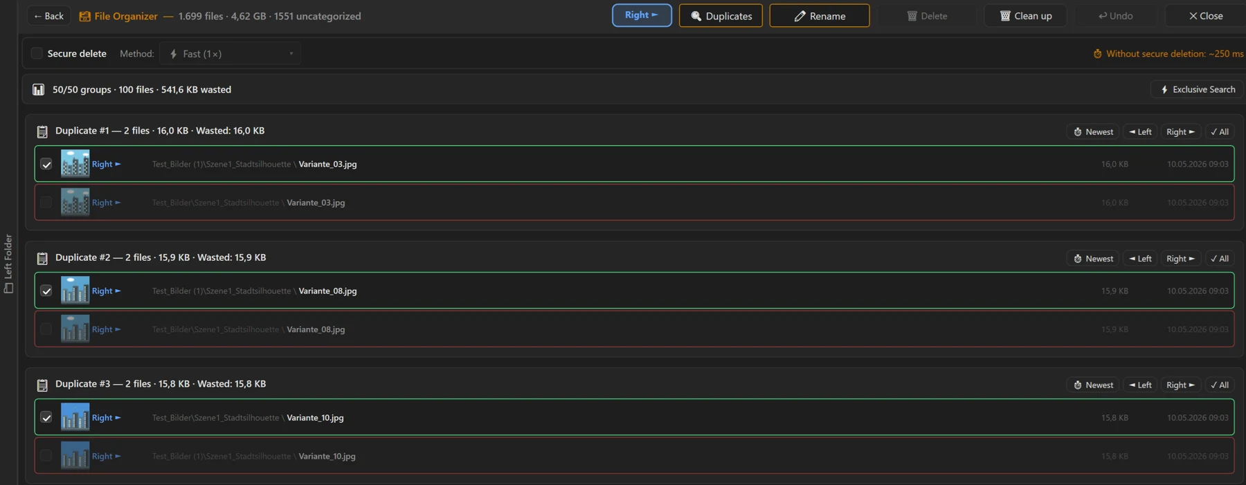 Screenshot 40: Duplicate groups with preview, path/size/date and the keep buttons “⏱ Newest / ◄ Left / Right ► / ✓ All”; the file kept is green, the others marked red