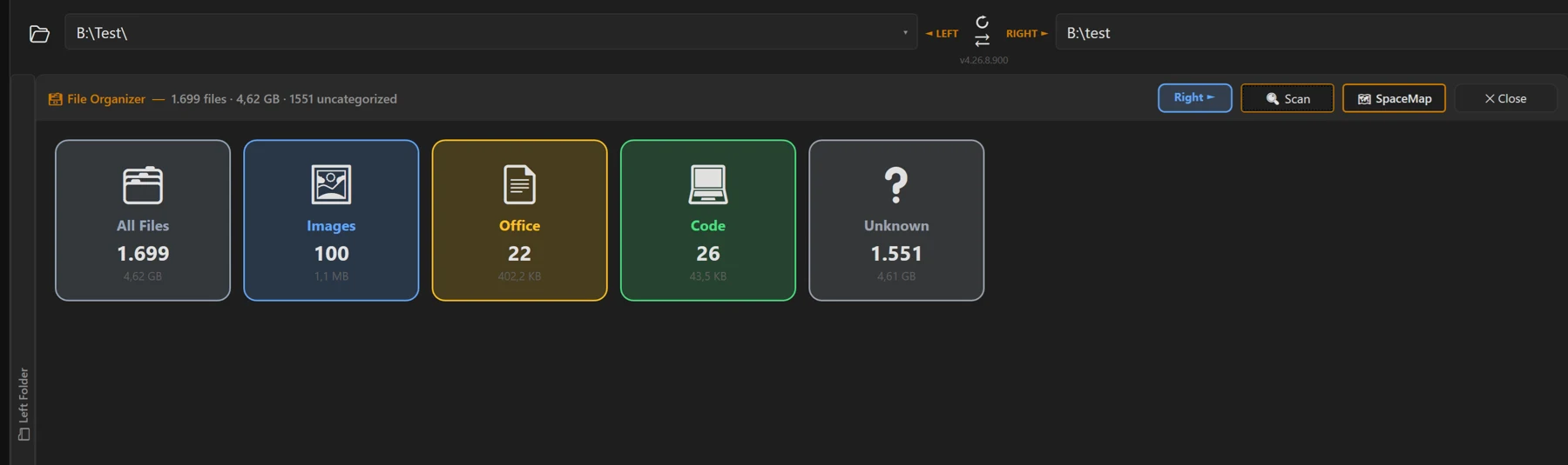 Screenshot 41: Tile overview of the organiser with coloured category tiles (images, video, audio, office, archives, source code, unknown) including file count and size