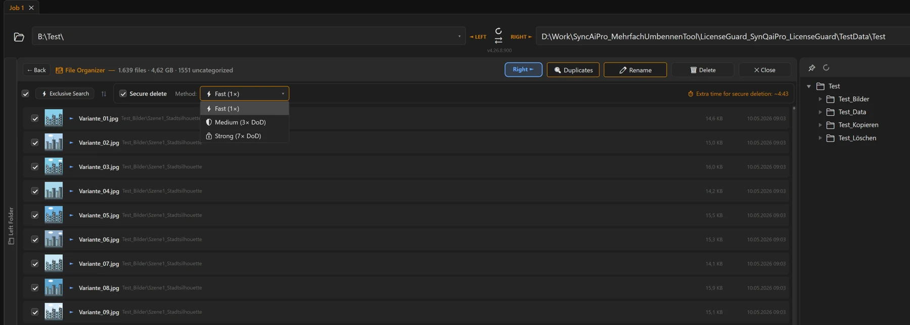 Screenshot 42: Detail view of a category: file list with preview, select-all checkbox, secure-deletion bar and the buttons “🔍 Duplicates / ✏ Rename / 🗑 Delete”