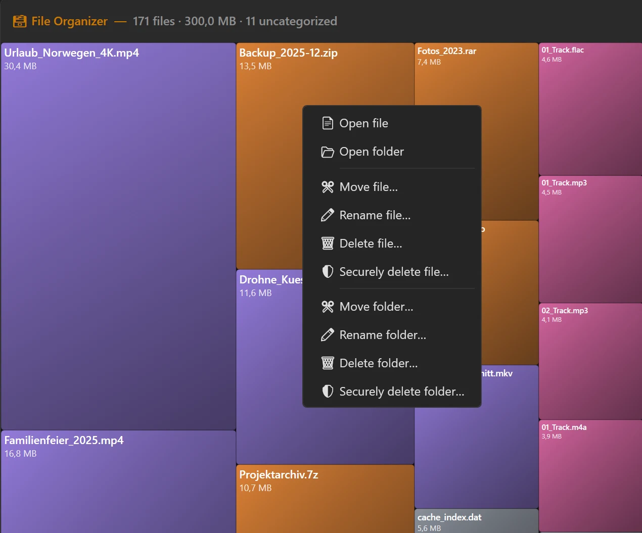Screenshot 44: Context menu of a SpaceMap area with the entries for the file and the containing folder (open, move, rename, delete, securely delete)