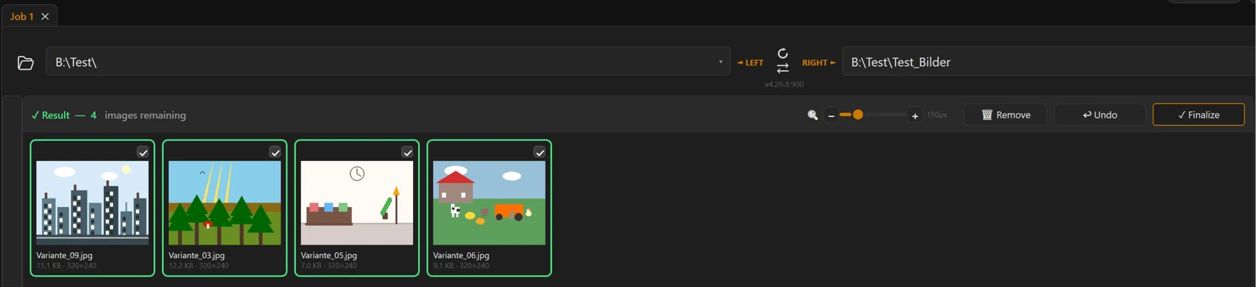 Screenshot 51: Image result view with “🗑 Remove”, “↩ Undo” and “✓ Finish”; at the top the message “✓ Result — N images remaining”