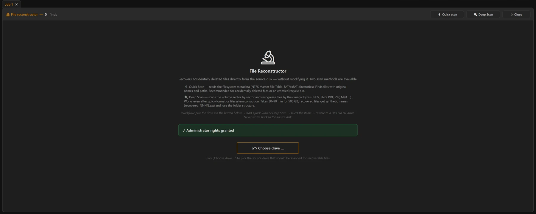 Screenshot 52: Reconstructor entry point: how-to text, admin status line (“✓ Administrator rights available”) and the “📂 Choose drive …” button