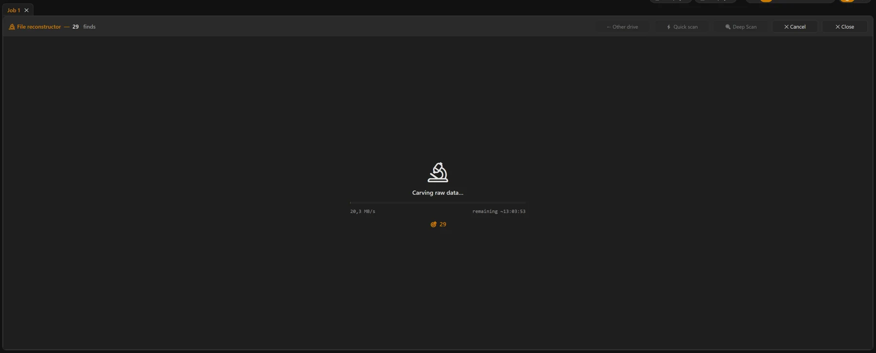 Screenshot 53: Scan in progress with progress bar, step label, speed (“… MB/s”), time remaining (“remaining ~…”) and live hit counter