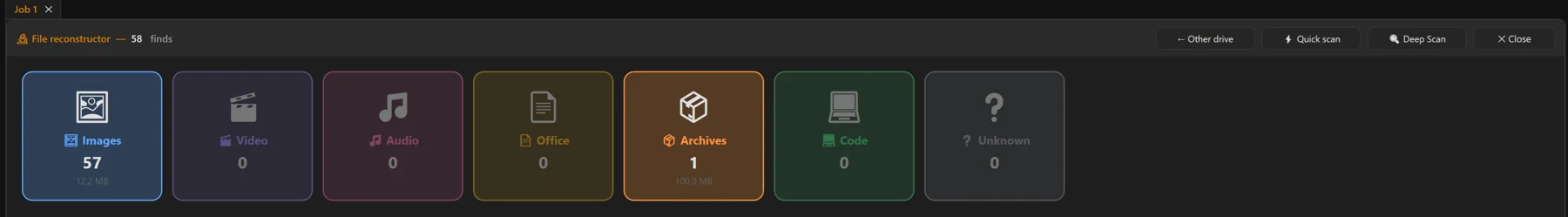 Screenshot 54: Result: category tiles per file type, detail list with confidence stars and status, the instant preview on the right, filter and quick-selection bar at the top