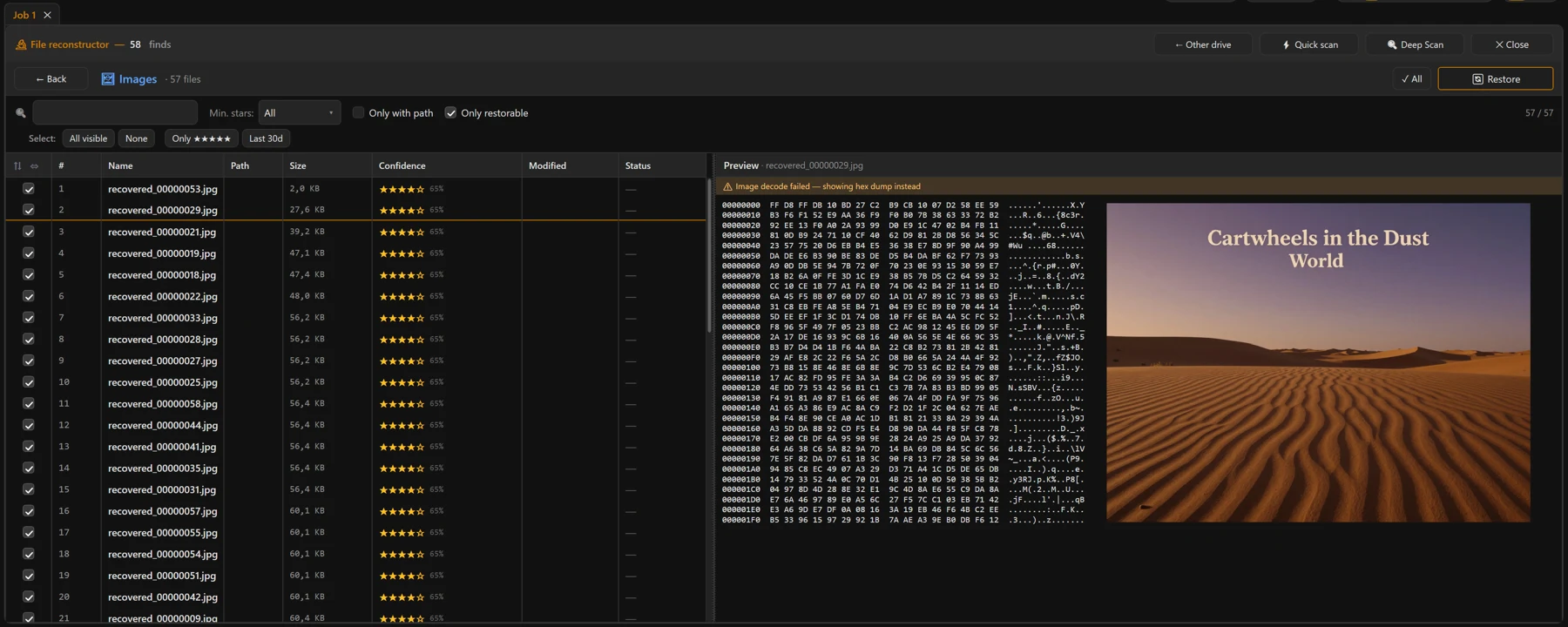 Screenshot 55: “🔄 Confirm restore” dialogue with target, file count/size, storage requirement and the distribution of the prospects of success (stars)
