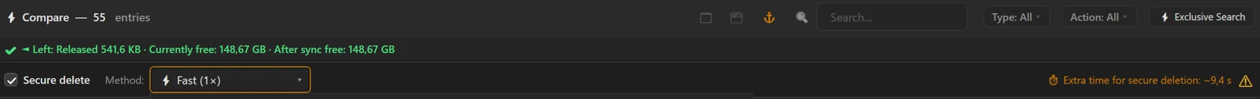 Screenshot 57: Secure-deletion bar with the “Secure deletion” master switch, method selection (⚡ Fast / 🛡 Medium / 🔒 Strong), SSD warning symbol ⚠ and the estimate of additional time