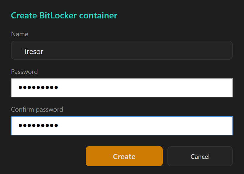Screenshot 60: Password dialogue when creating: the fields name, password and confirm password as well as the options “Remember …” and “Protect with Windows Hello”