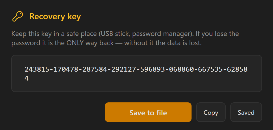 Screenshot 61: Recovery key dialogue with the key and the warning “… the ONLY rescue — without it the data is lost” as well as the buttons for saving/copying