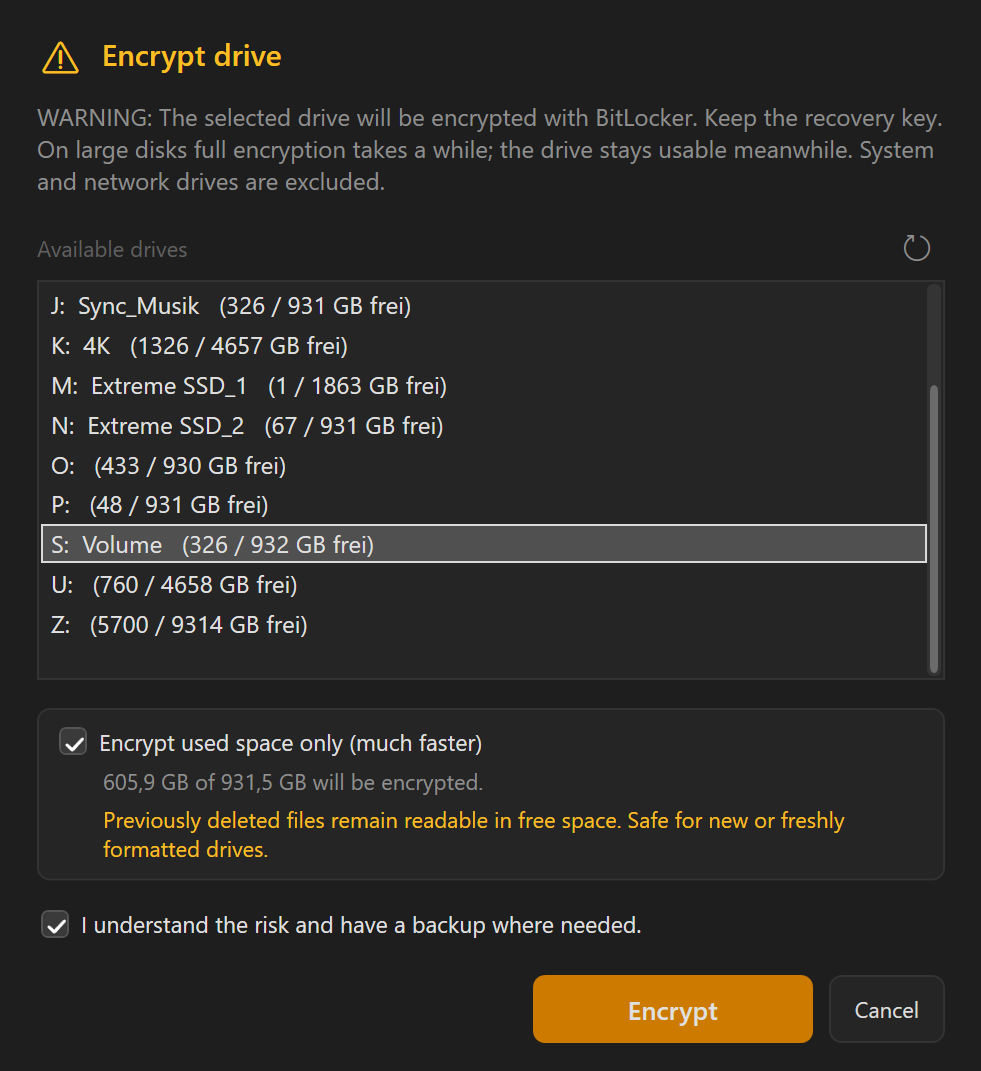 Screenshot 62: Drive selection with a warning, refresh symbol, the scope option “Encrypt used space only” including the amount, and the risk confirmation