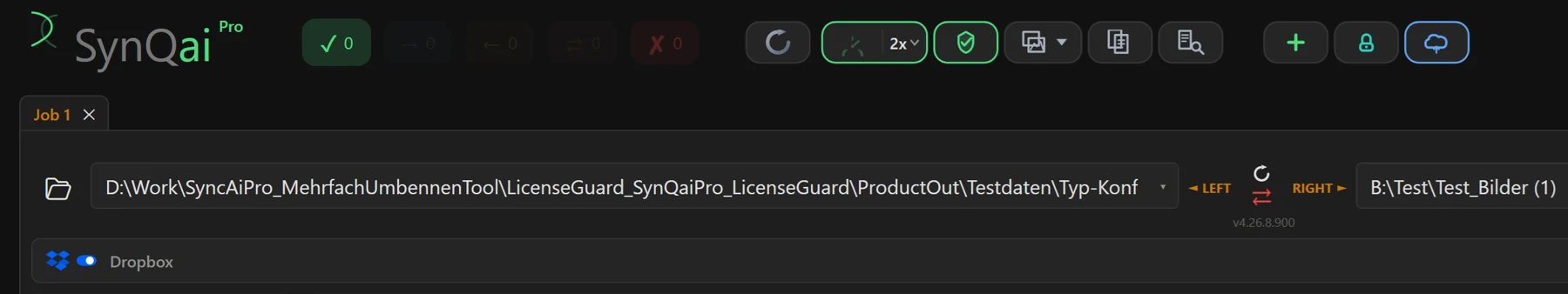 Screenshot 63: Left folder header with the Dropbox switch enabled (blue cloud symbol) and the tooltip “Enable Dropbox for this job”