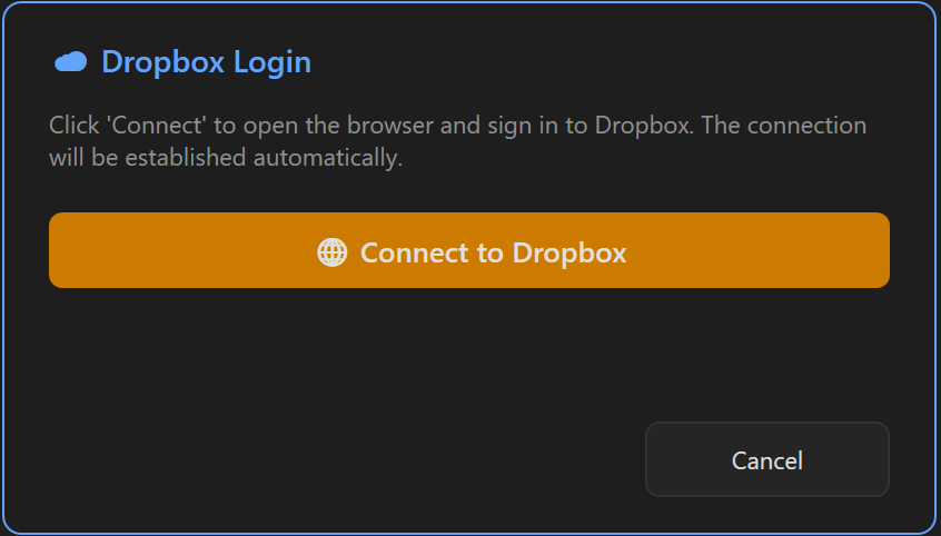 Screenshot 64: “☁ Dropbox sign-in” dialogue with the “🌐 Connect to Dropbox” button