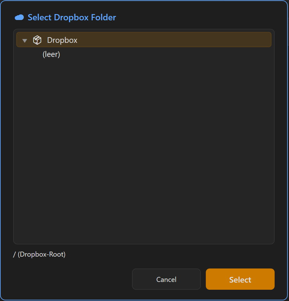 Screenshot 65: “☁ Choose Dropbox folder” dialogue with the “📦 Dropbox” folder tree and the “Select” button active