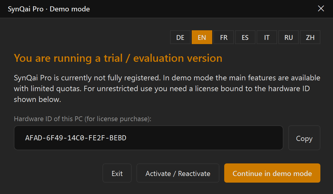 Screenshot 67: Demo mode dialogue with the hardware ID field, language switch and the buttons “Continue in demo mode”, “Activate / reactivate” and “Quit”
