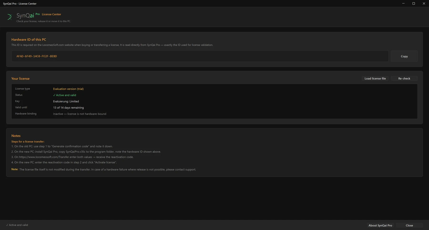 Screenshot 68: Licence centre, the “Your licence” card with status “✓ Active and valid”, validity and hardware binding