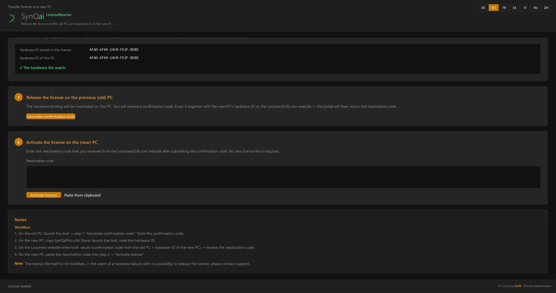 Screenshot 70: SynQaiPro License Reactor: the cards “Hardware ID of this PC”, “Licence file” and “Your licence”, below them “Step 1 — Generate confirmation code” and “Step 2 — Reactivation code / Activate licence”
